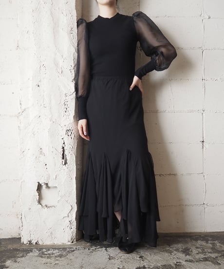 Puff Sleeve Sheer Rib Knit BK
