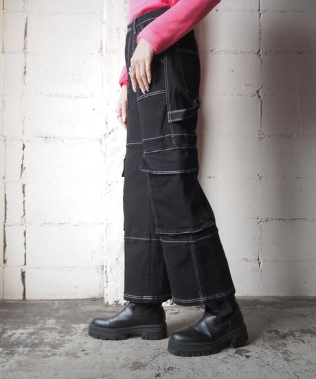 White Stitch Cargo Pants BK