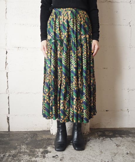 Stripe × Small Pattern Tiered Skirt NVGN