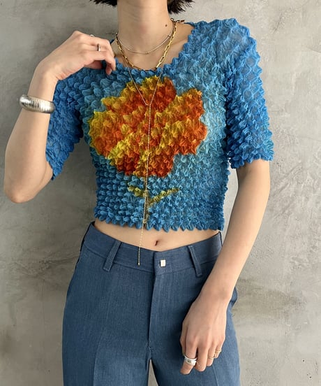 1990's Flower Print Popcorn  S/S BL