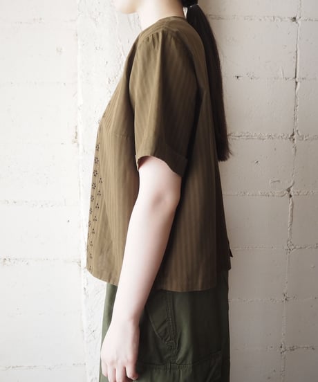 Back Button Cutwork Stripe Blouse