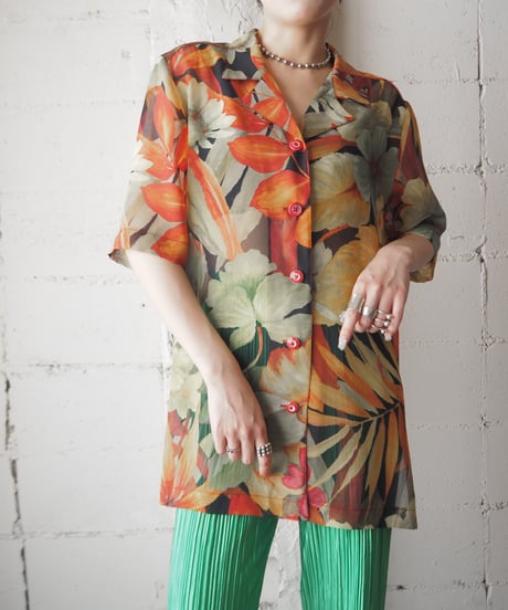 Botanical Pattern Sheer Short Sleeve Shirt ORGN