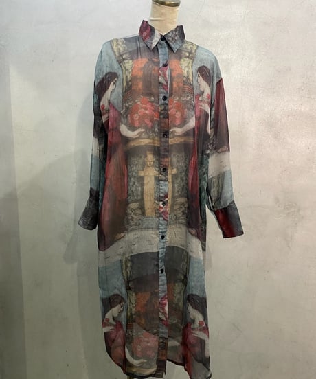 Art Pattern Sheer Shirt Dress BLRE