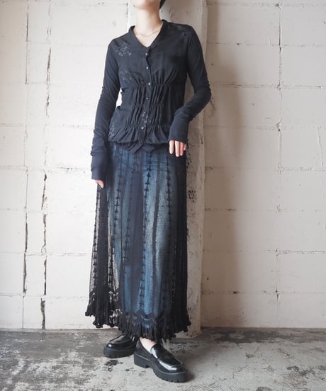 Mesh × Lace Volume Flared Skirt BK