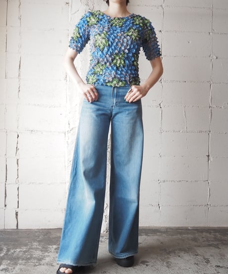 Flower Pattern Short Sleeve Popcorn Tops BLGN