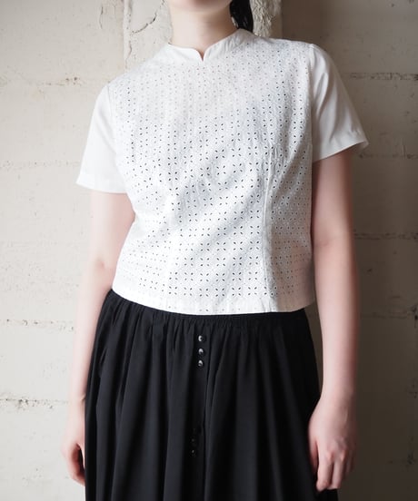 1960-70's Euro Cuwork Mao Collar Short Sleeve Cotton Blouse WH