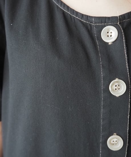 Collarless Front Button Cotton Dress BK