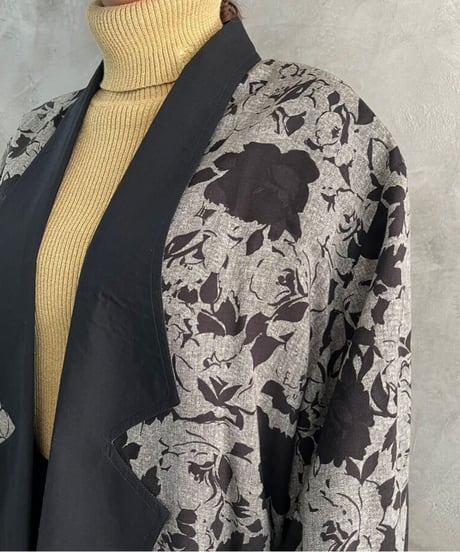 Open Collar Flower Pattern Jacket GRBK