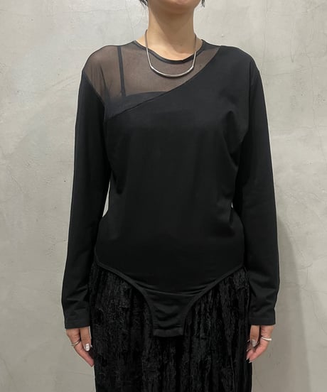 Sheer Switching Crew Neck Bodysuit BK