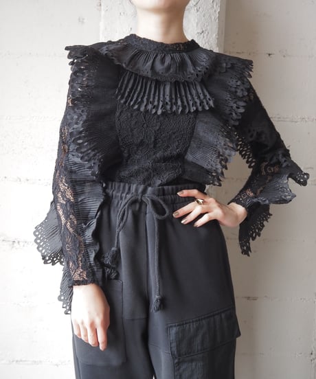 Cutwork Pleated Frill×Lace Bodysuit BK