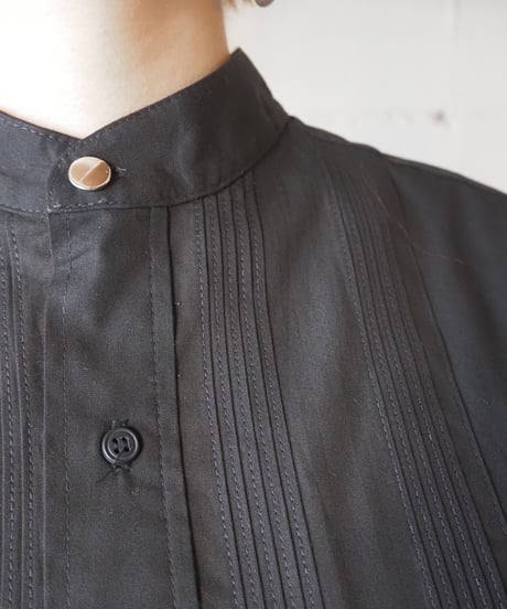 Pleated Bosom Band Collar Shirt BK