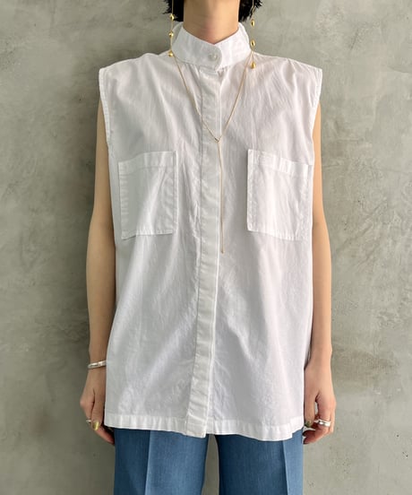Back Mesh Design Band Collar Blouse WH