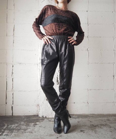 Crocodile Pattern Leather Easy Pants BK