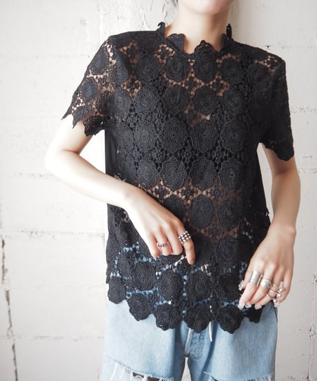 Flower Crochet Sheer Switching Blouse BK