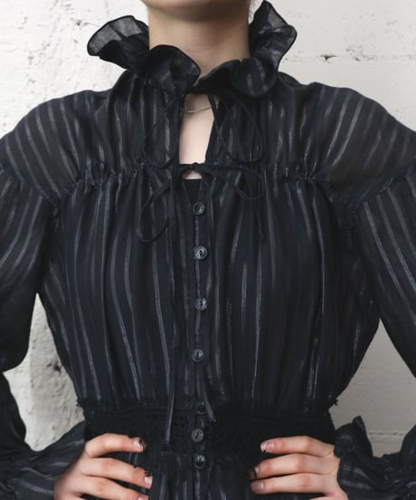 String Shirring Stripe Blouse BK