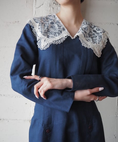 〜1980's Lace Collar Linen Mix Long Dress NV IV