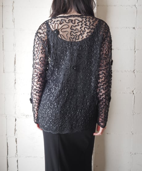 Tape Embroidery Sheer Cardigan BK