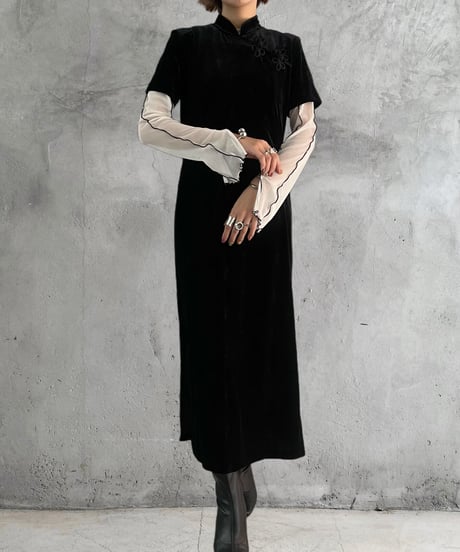 Flower Embroidery S/S Velour China Dress BK