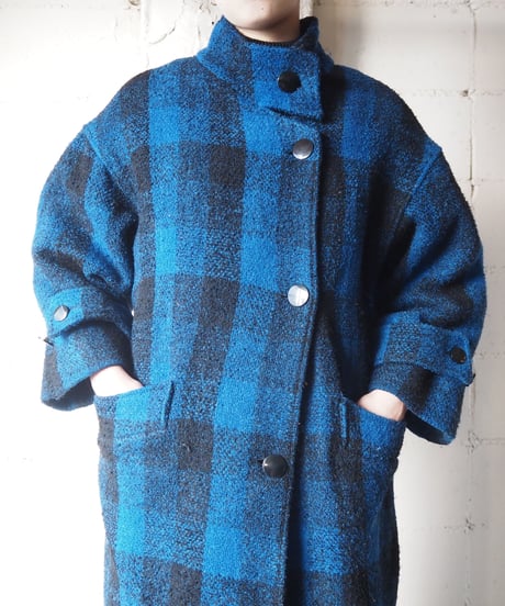 Stand Collar Check Pattern Coat BLBK