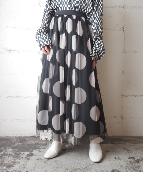 Dot Pattern Tulle Skirt BK WH
