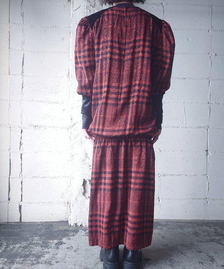 Velour×Check longcuff Dress ORBK