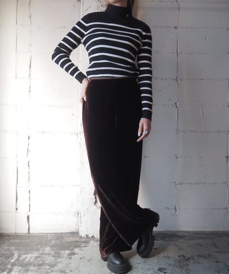 LAUREN Mock Neck Border Knit BK WH