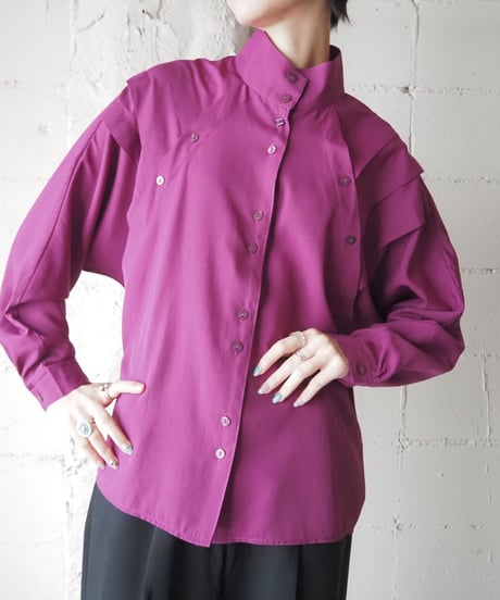 Stand Collar Shoulder Button Design Blouse PUR