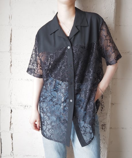 Open Collar See-through Lace Shirt BK