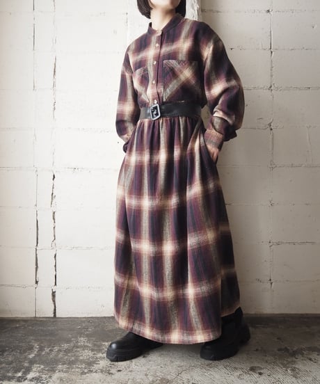 Band Collar Check Dress BUR