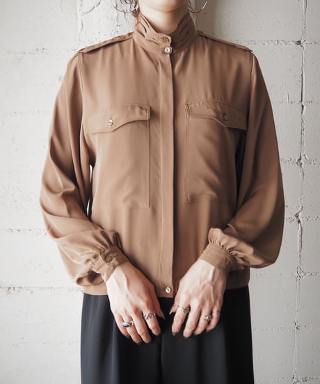 Pleated Band Collar Big Pocket Design Shirt BR