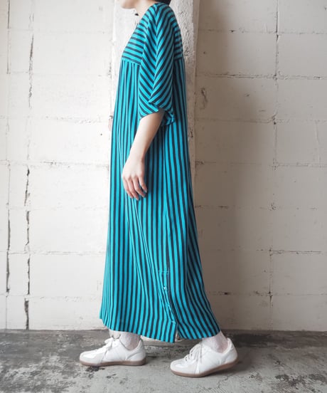 1980's Italy Collarless Stripe Dress GNBK