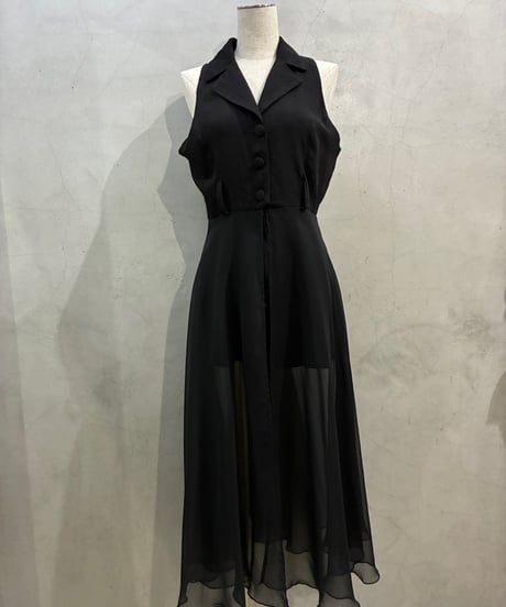 N/S Sheer Layered Open Collar Jumpsuit BK