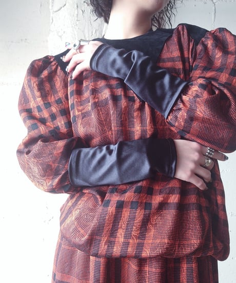 Velour×Check longcuff Dress ORBK