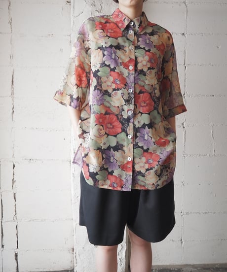 Flower Print Sheer Shirt BK RE LGN