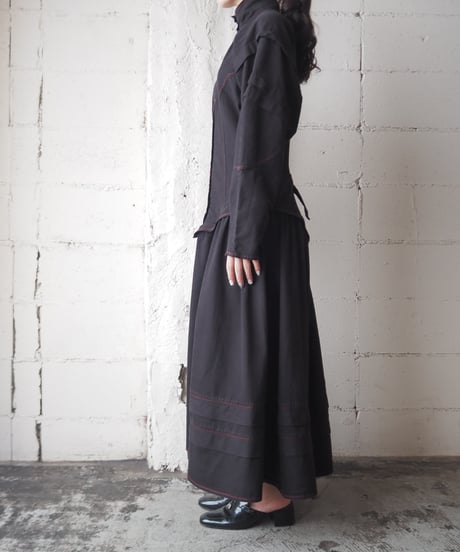 Red Stitch Many Button Stand Collar Dress BK
