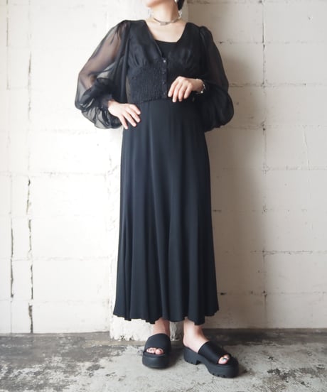 Shirring Waist Sheer Volume Sleeve Blouse BK