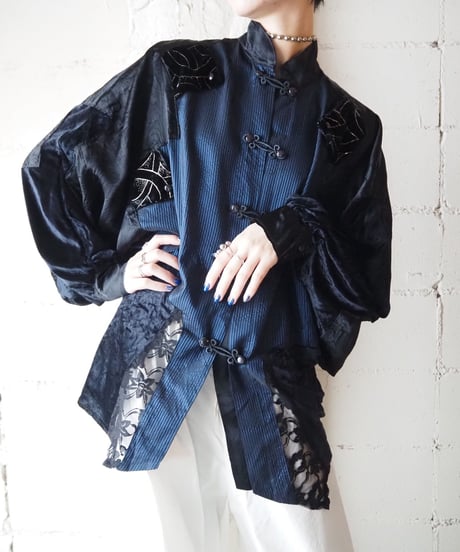 Velour × Lace Design China Shirt BKNV