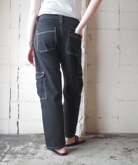 Wide Leg Cargo Pants with White Stitching BK WH