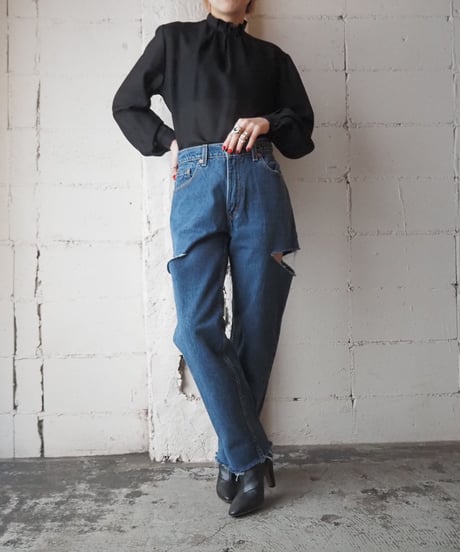 Stand Frill Collar Sheer Blouse BK
