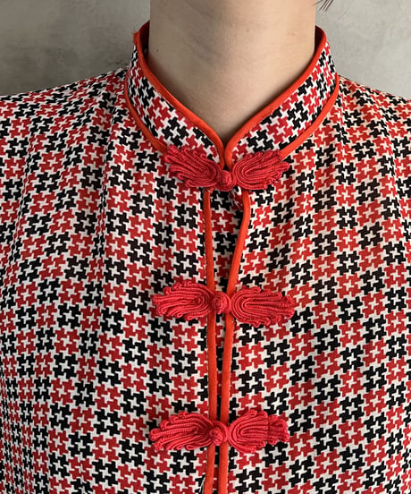 Houndstooth Pattern China Button Blouse REBK