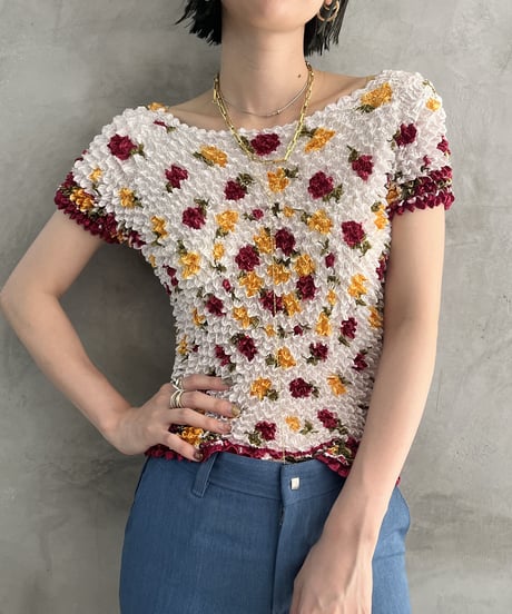 Flower Pattern Popcorn Short Sleeve Blouse  RDYE