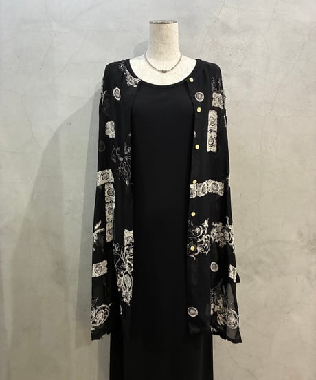 Baroque Motif Collarless Sheer Shirt Dress BK