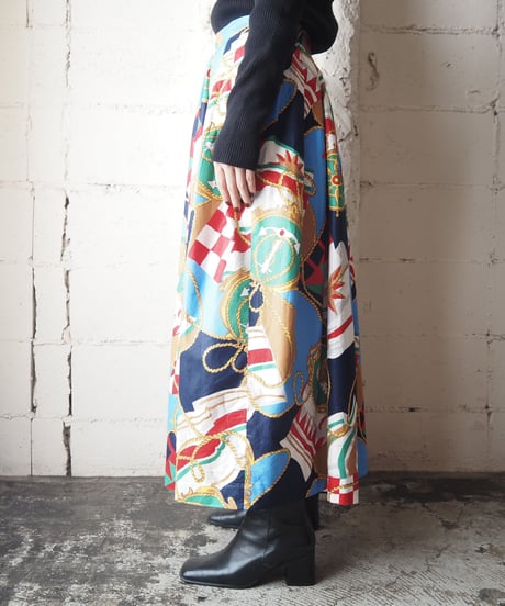 Marine  Pattern Flared Skirt BKBLRE