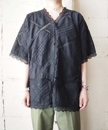 1970's Pin Tuck ×Lace Collarless Shirt Jacket BK