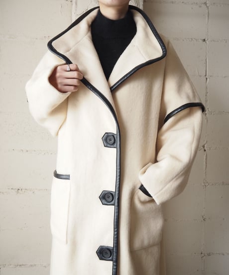 Leather Piping Stand Collar Coat IVBK