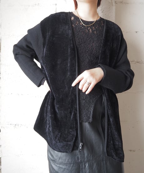 Knit×Velor V Neck Cardigan BK
