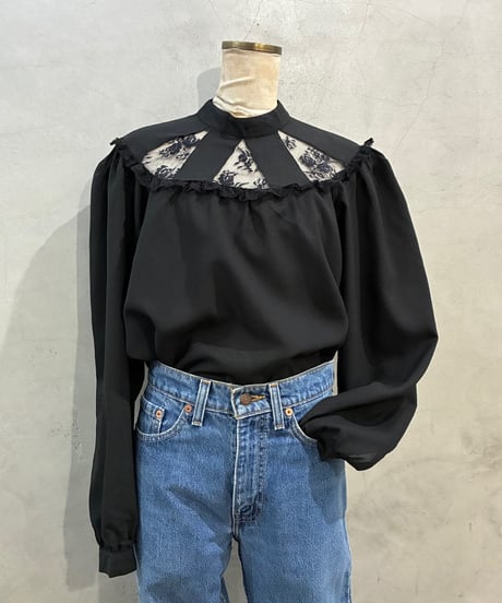 Sheer Lace Band Collar Blouse BK