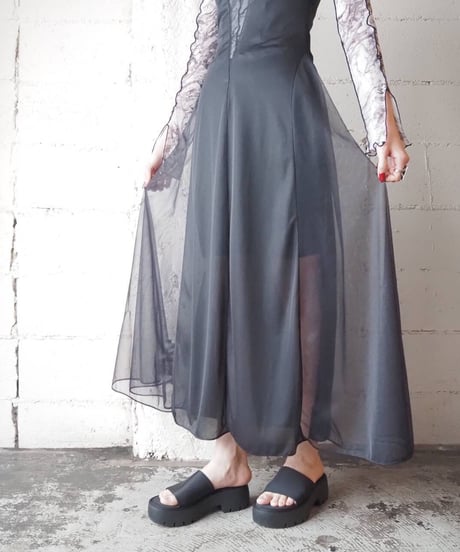 Switching Sheer Sleeveless Dress BLK