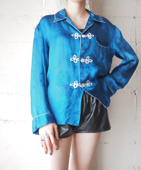 1960〜70's Open Collar Satin China Shirt BLWH