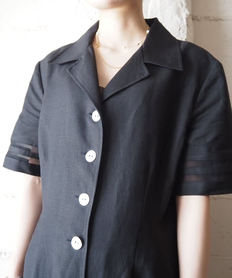 Pleated Back Open Collar Linen Dress BK